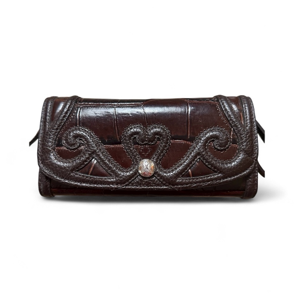 Brighton Vtg. Saddle Ridge Brown Leather Wallet Organizer Crossbody Mock Croc